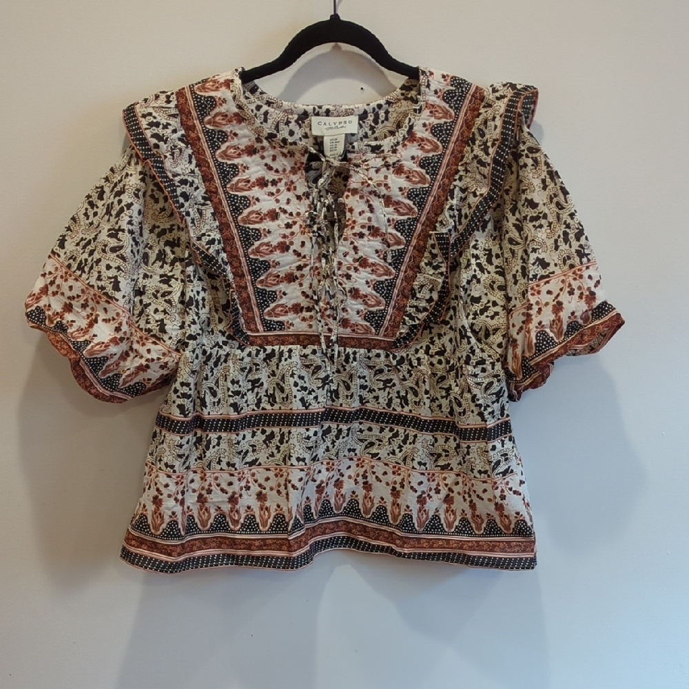Calypso St. Barth Cotton Ivory Floral Ruffle Tie Up Boho Peasant Blouse Medium